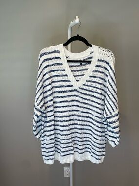 CAbi White and Navy Striped V-Neck Open Knit Sweater